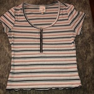 White, Pink, and Black Strip Top! W/ Chest Zipper.
